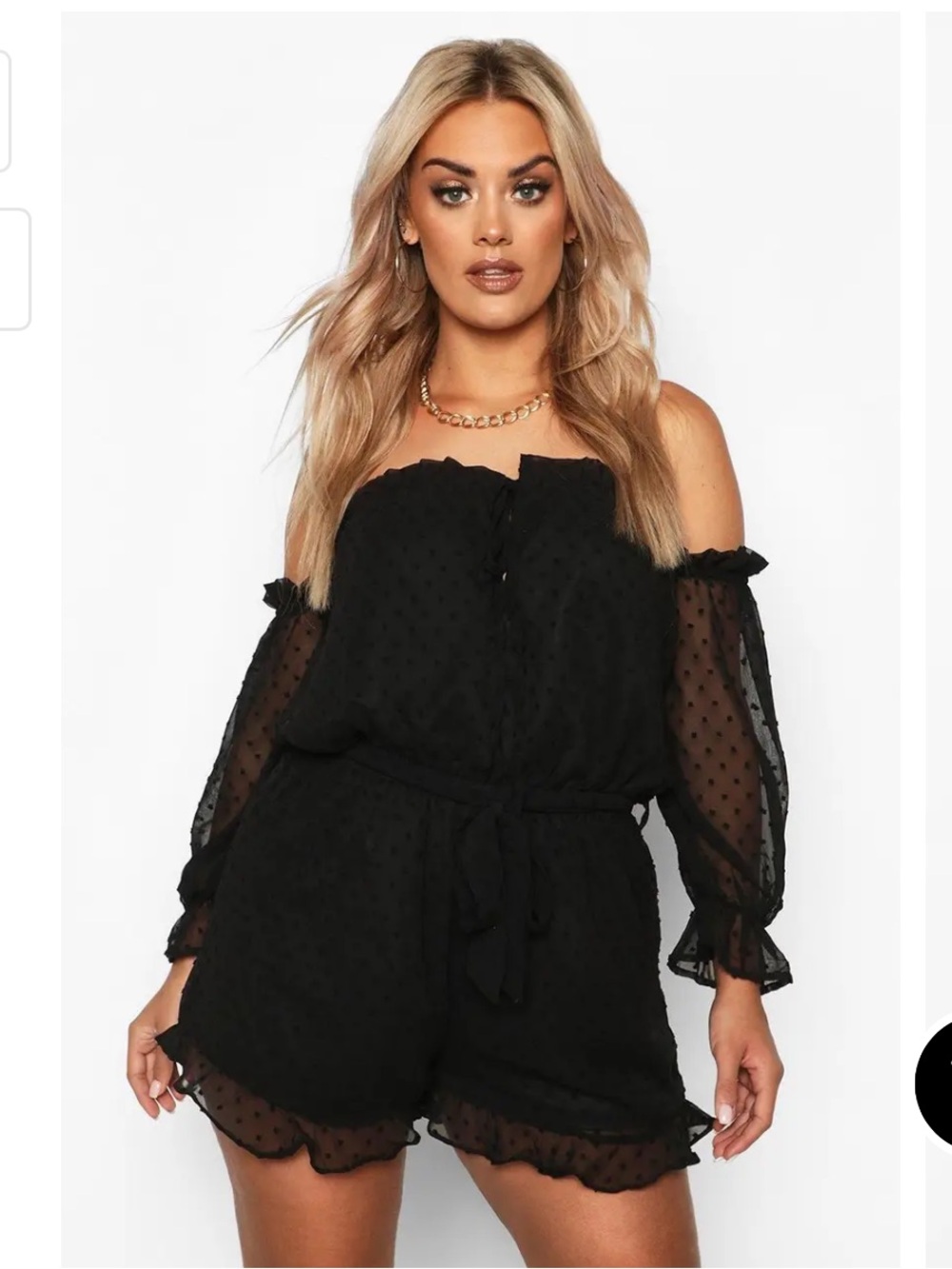 Boohoo Plus Dobby Mesh Bardot Ruffle Playsuit